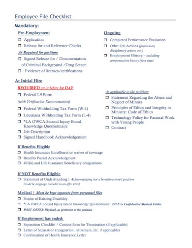 Free 10 Employee File Checklist Samples Personnel Medical New