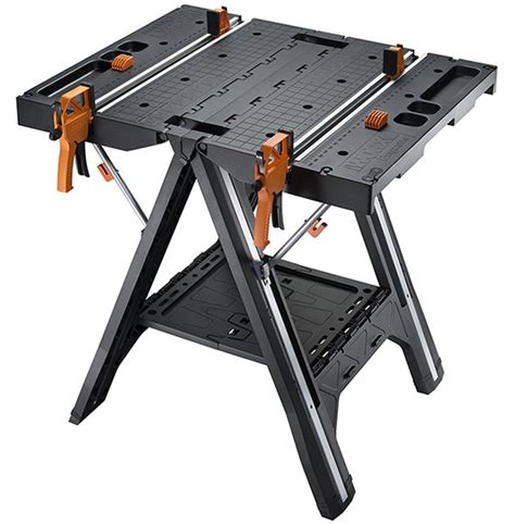 Workbenches vary in size from tiny jewelers benches to the huge benches used by staircase makers. Worx Pegasus Folding Work Table has Clamps and a Sawhorse Mode