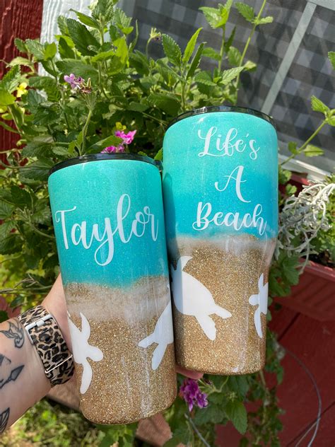 Personalized Aqua And Gold Beach Themed Epoxy Tumbler Etsy