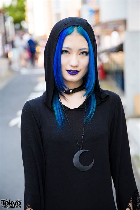 Blue Haired Harajuku Girl In All Black Killstar Hooded