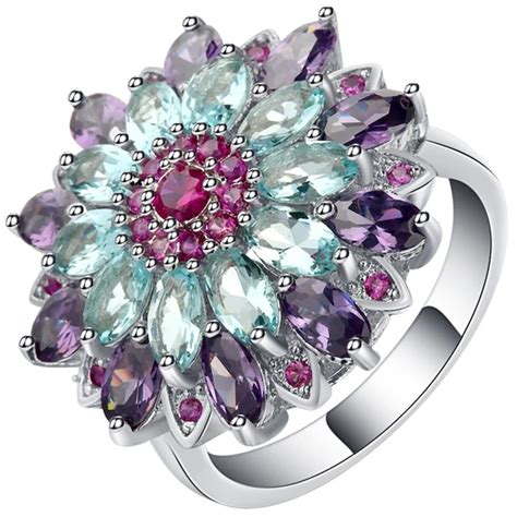 Beautiful Cubic Zirconia Colorful Flower Rings Female White Gold Fille Intothea Wedding