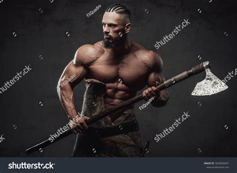 Furious Bearded Viking Warrior Naked Torso Stock Photo