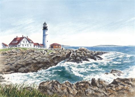 Portland Head Lighthouse Maine Painting Lighthouse Painting Watercolor