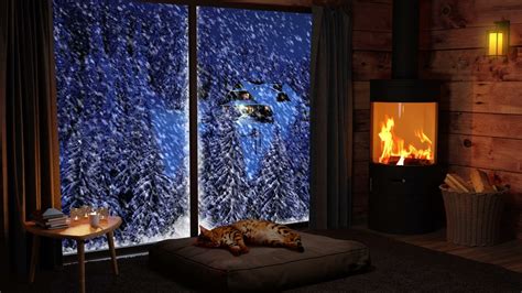 Hours Cozy Hut With Crackling Fireplace Snow And Wind Winter