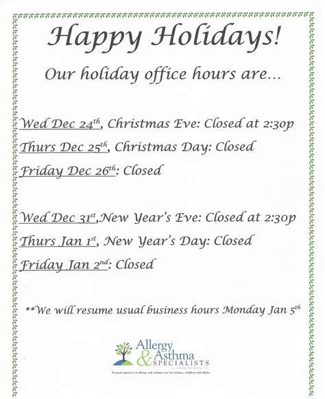 Holiday Office Hours Allergists In Jacksonville Fl Allergy Testing