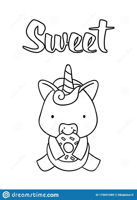 Coloring Pages, Black and White Cute Hand Drawn Unicorn with Donut