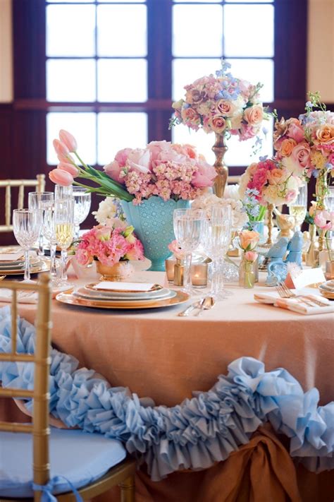 When you choose turquoise and gold for the dining room, get peacock blue cushions for the chairs. Turquoise Pink and Gold Reception Table Decor - Elizabeth ...