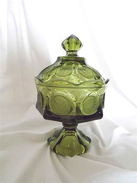 Vintage Fostoria Coin Glass Olive Green Candy Dish Eagle