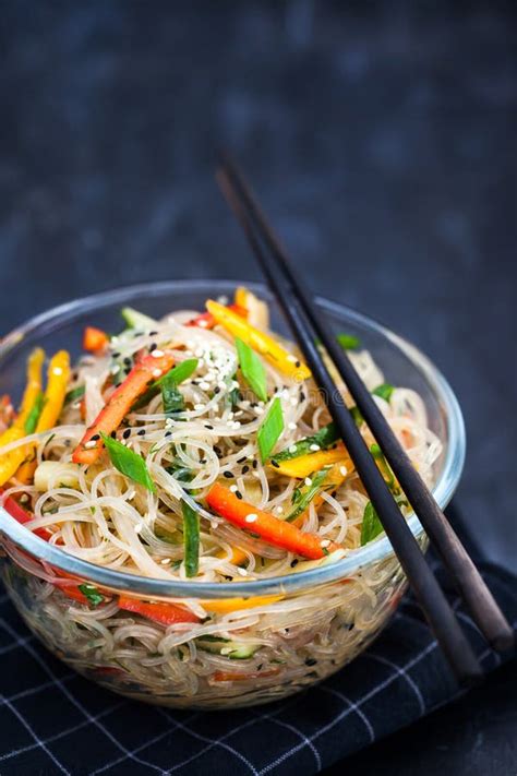 Delicious Asian Rice Glass Noodles With Prawns And Vegetables Stock