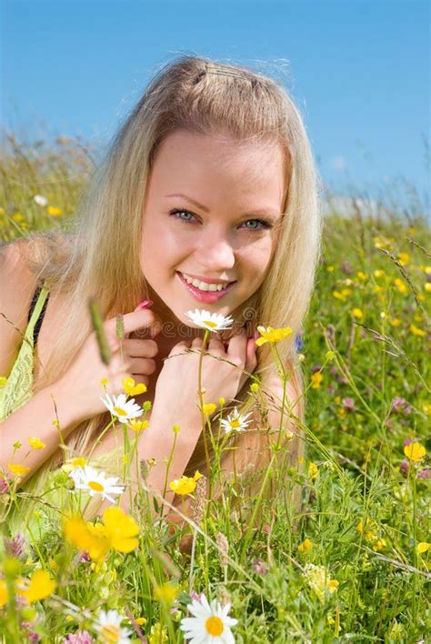 Young Blonde On Meadow With Camomile Stock Image Image Of Lady