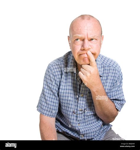 Expressive Old Man Thinking Isolated Against White Background Stock