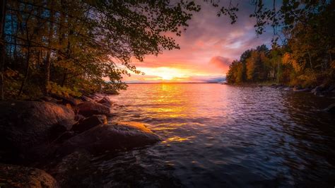 закат лес осень Финляндия озеро Finland 1920x1080 Обои Пейзажи