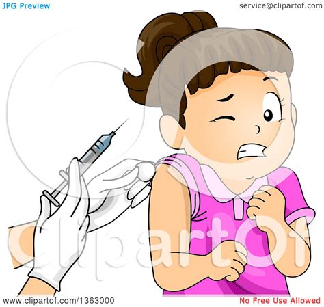 clipart of a brunette white girl wincing before getting a vaccine royalty free vector