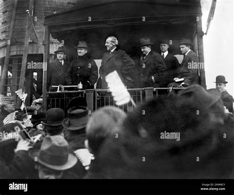 Us President Woodrow Wilson Speaking From The Rear Of Railroad Car