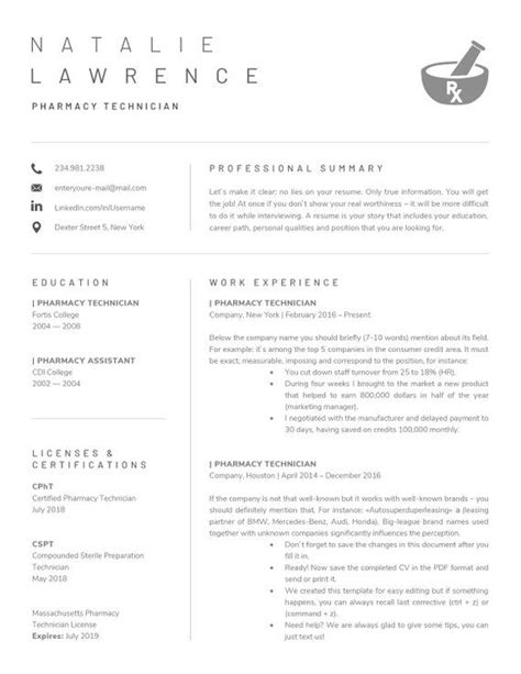 High quality curriculum vitae samples is waiting for you! Pharmacy Technician Resume Template for Word | Pharmacist Resume, CPHT | Pharmacy Tech Cv ...