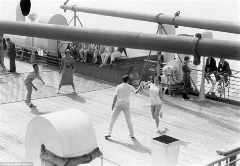 sporting entertainment passengers playing a net game on the decks of transatlantic ocean p