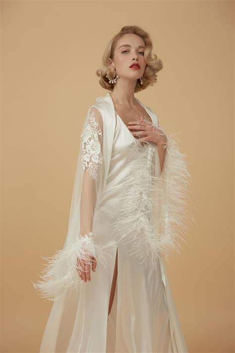 long bridal robe f50 pure silk bridal robe with ostrich feathers bride robe bridal robe lace