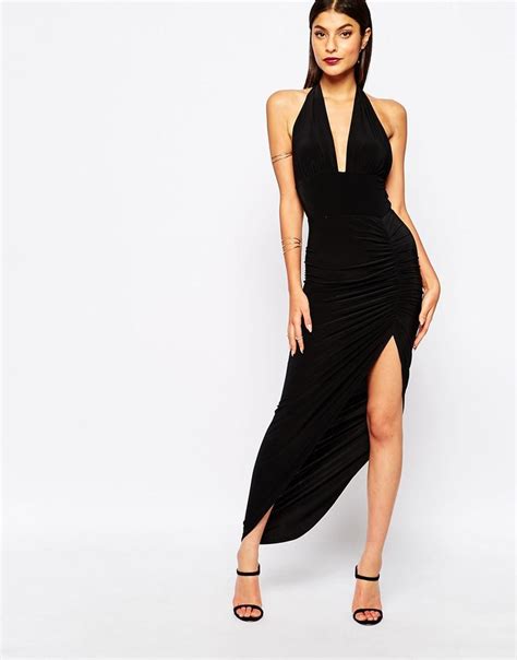 Club L Deep Plunge Halterneck Maxi Dress With Side Ruched Detail