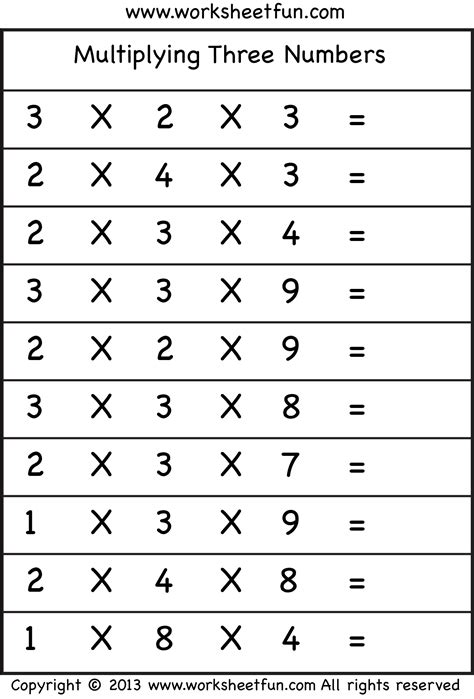 Multiplying 3 Numbers - Three Worksheets | Free math worksheets, Math worksheets, Multiplication ...