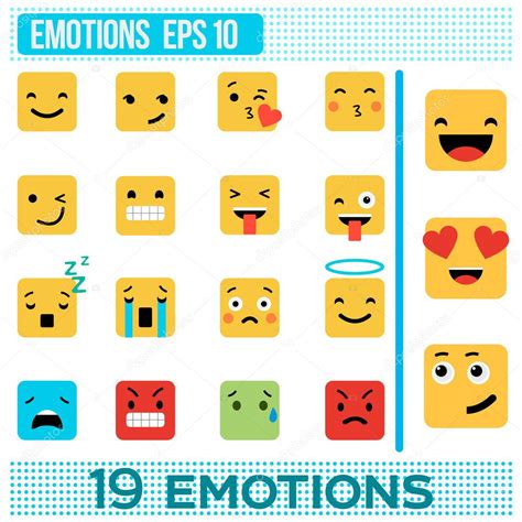emociones cuadradas sonrisas amarillas diseño plano emoji ilustración vectorial conjunto de