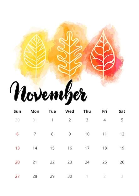 2022 Kalendarz Angielski Listopad Ilustracja Wektorowa Ręcznie