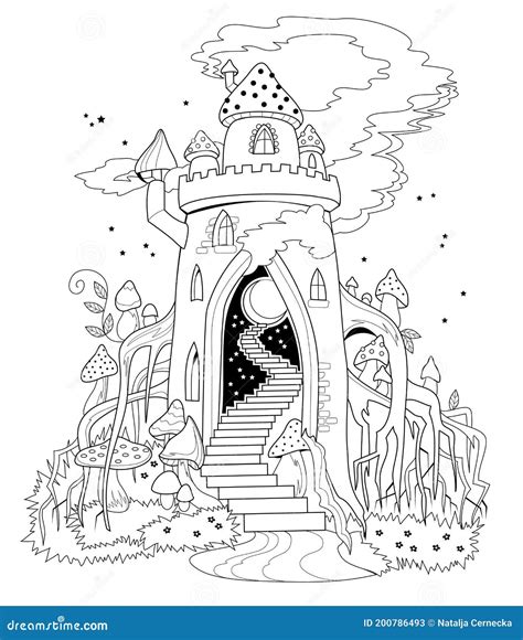Black And White Page For Coloring Book Illustration Of Fairyland
