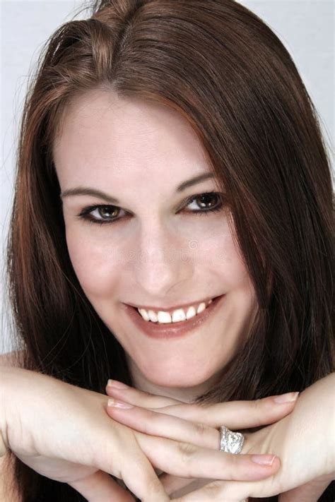 Beautiful Smiling Brunette Headshot Stock Photo Image Of Fingers