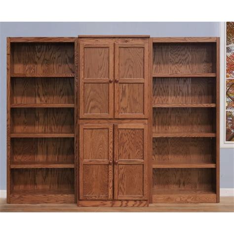 Traditional 72 Tall 15 Shelf Wood Bookcase Wall With Doors In Dry Oak
