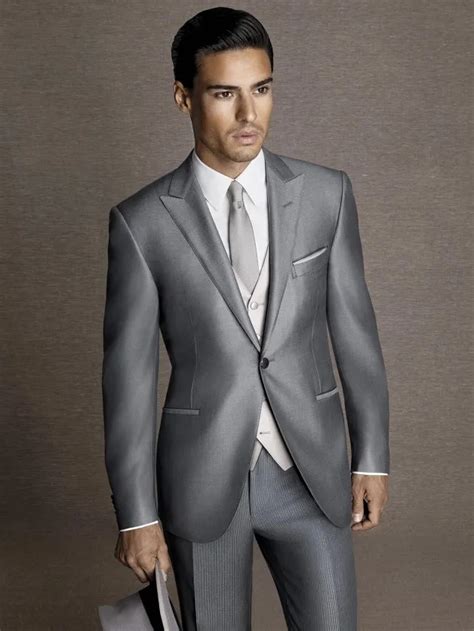 Latest Coat Pant Designs Silver Grey Satin Men Suit Formal Skinny