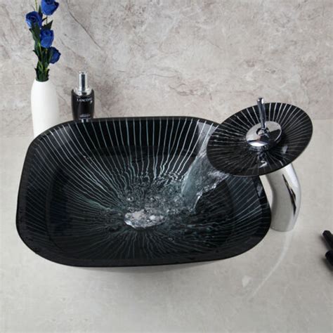Tempered Glass Black Handcraft Bathroom Basin Vessel Sink Bowl Mixer