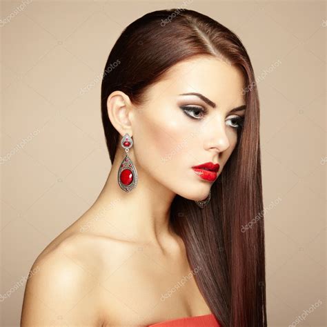 Portrait Of Beautiful Brunette Woman With Earring Perfect Makeu