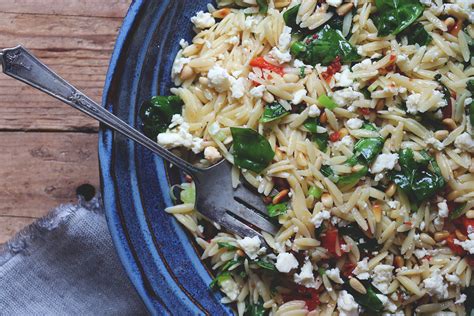 orzo salad with roasted red peppers spinach and feta lepp farm market