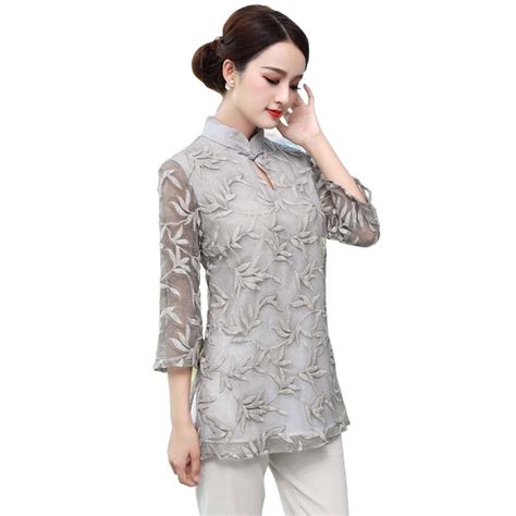 Nice Frog Button Silk Qipao Cheongsam Blouse Gray Blouses For Women