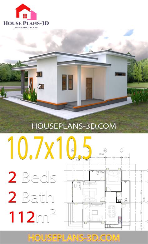 House Plans 107x105 With 2 Bedrooms Flat Roof House Plans 3d