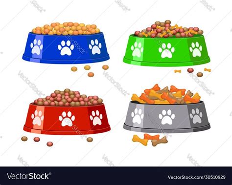 Vector Dog Bowl With Dog Footprints And Dog Food Colorful Set Of