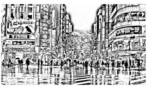 Tokyo In The Rain Japan Adult Coloring Pages