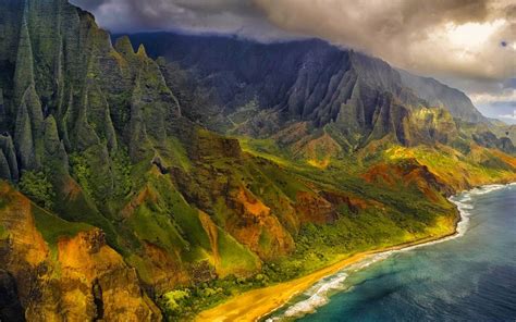 Nature Landscape Aerial View Mountains Beach Sea Cliff Clouds