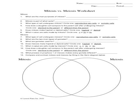 Mitosis Vs Meiosis Worksheet Organizer For 9th 12th Grade Lesson