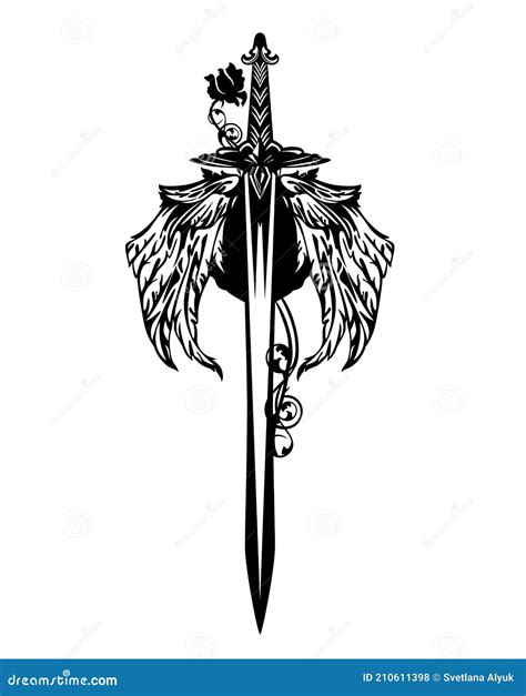 Guardian Angel Winged Sword With Rose Flower Black And White Vector