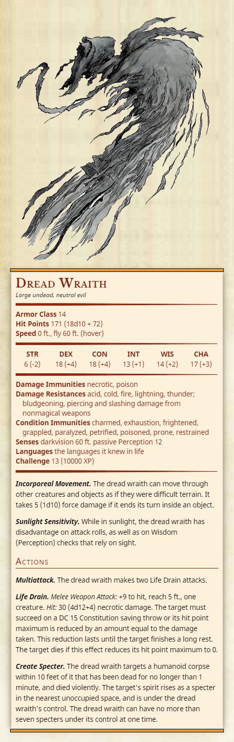 Dread necromancers are also proficient with light armor, but not with shields. Dread WraithLarge undead, neutral evilArmor Class 14Hit Points 171 (18d10 + 72)Speed 0 ft.,… in ...