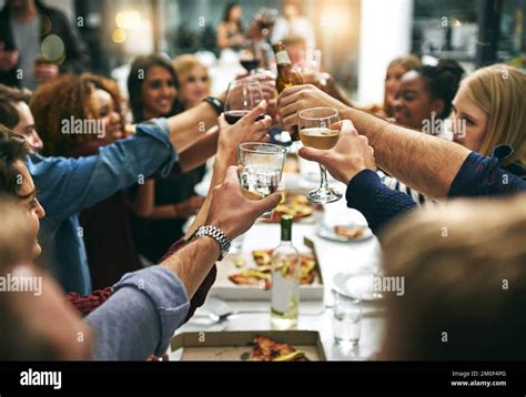 Dinner Toast And Friends At Restaurant For Party Celebration Social