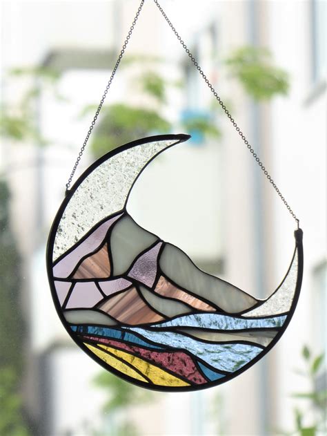 Stained Glass Moon Suncatcher Mountains Stained Glass Panel Etsy