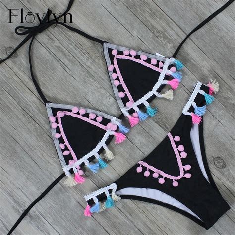 Floylyn Vintage Sexy Swimwear Women Swimsuit Tassel Bikinis Set Triangle Beachwear Biquini In