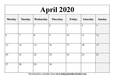 Printable Calendar April 2020 Printable April 2021