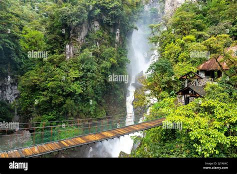 El Pailon Del Diablo Waterfall Cascade And Suspended Bridge Aerial