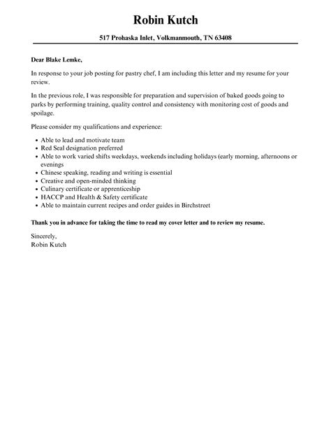 Pastry Chef Cover Letter Velvet Jobs