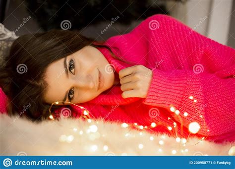 Woman Cozy Christmas Portrait With Lights Stock Image Image Of Girl Face