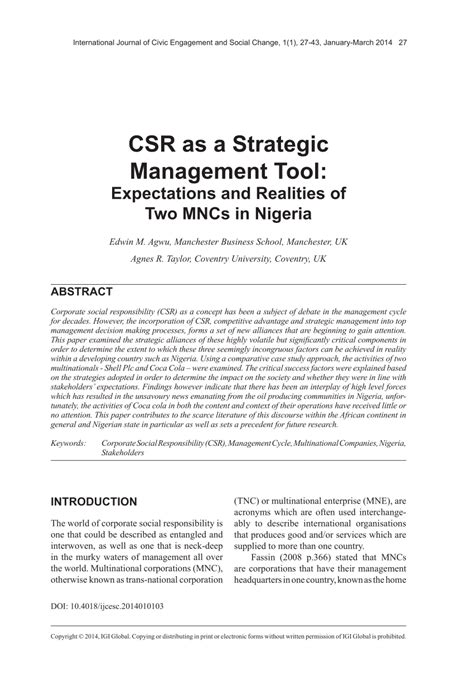 Pdf Csr As A Strategic Management Tool