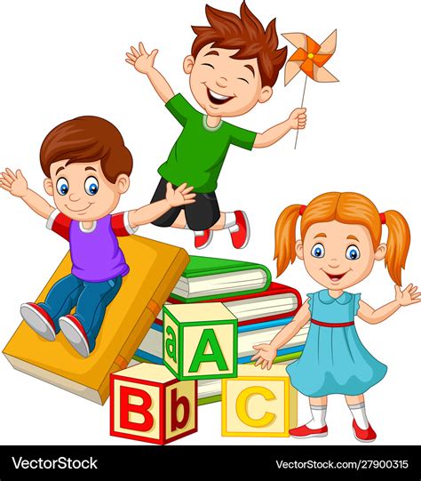 Happy School Children With Alphabet Blocks Vector Image