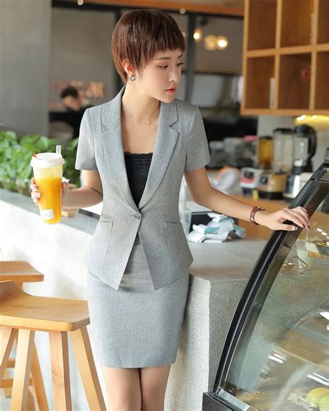 Summer Formal Ladies Skirt Suits For Women Business Suits Grey Blazer